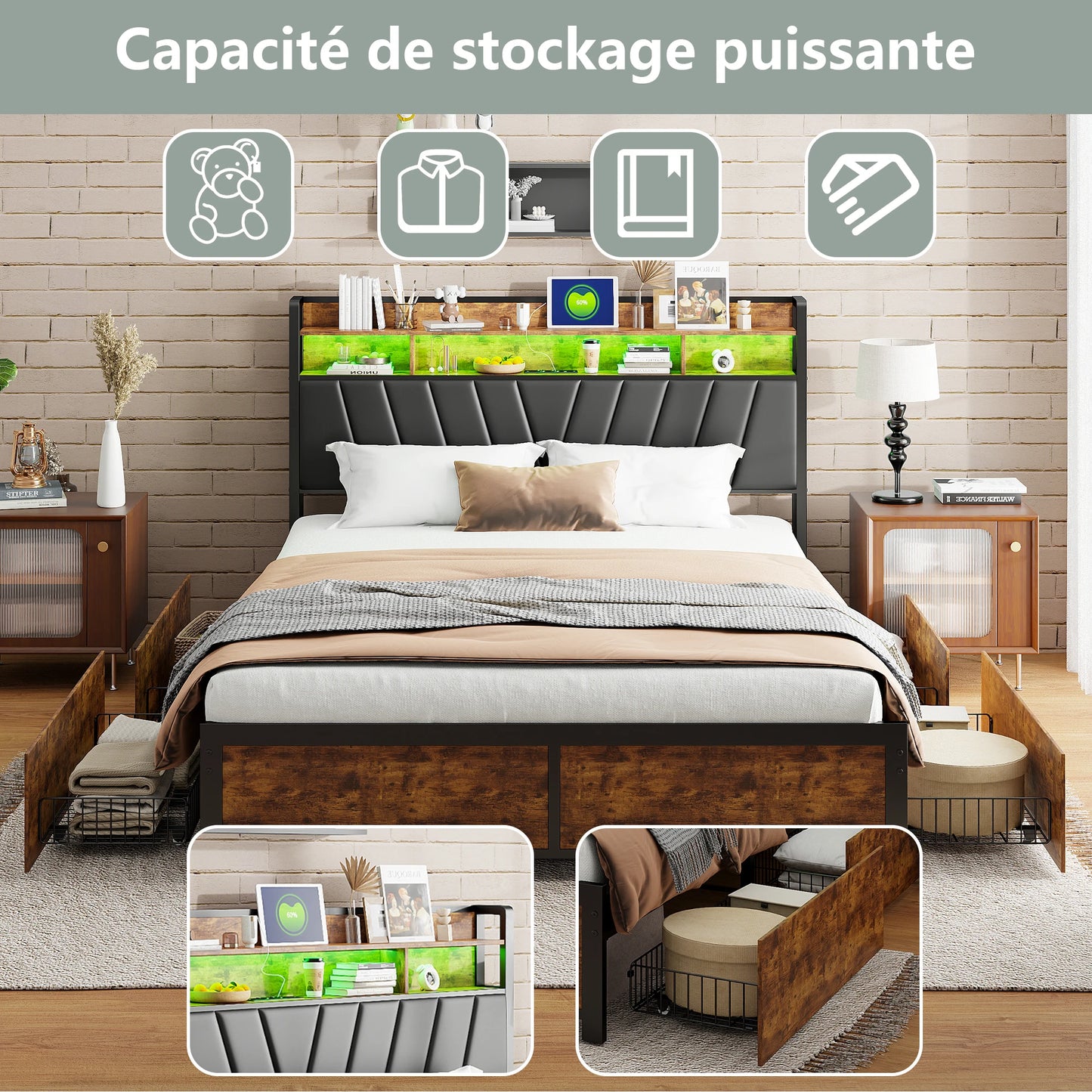 Rosahqnda metal bed double bed 4 drawers with metal Latt and storage headboard double bed steel wood iron bed