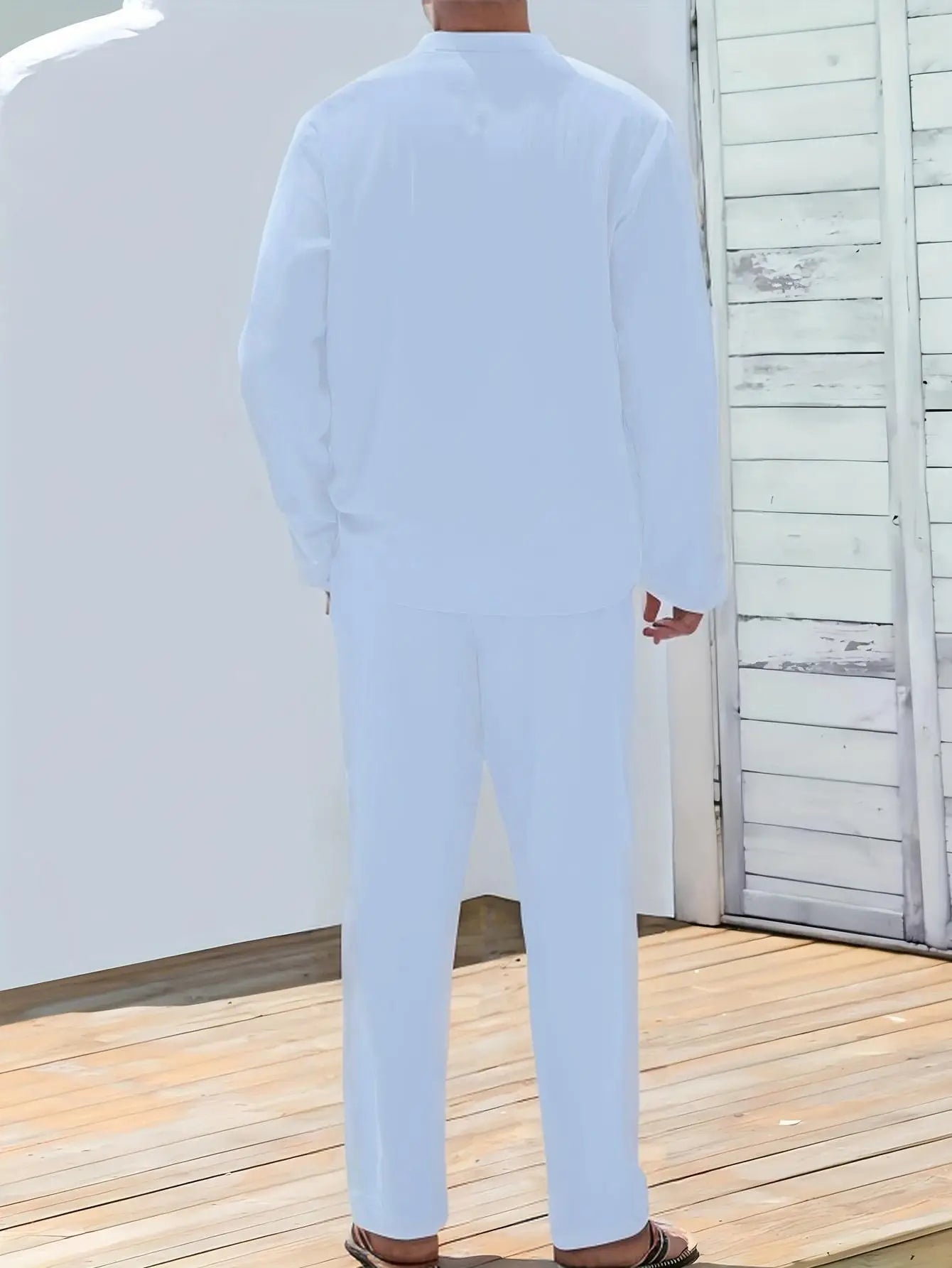 Men's 2 Pieces Cotton Linen Set Long Sleeve Henley Shirts Casual Beach Pants With Pockets