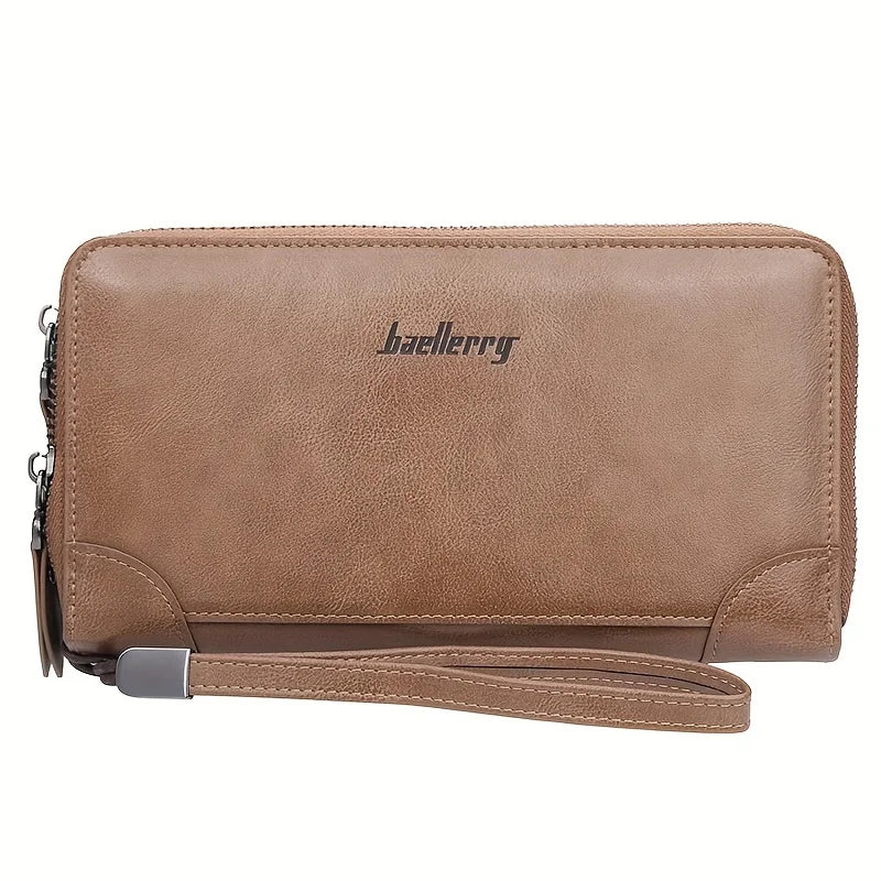 Men's Business Long Wallet, PU Leather Large Capacity Clutch Bag, Mobile Phone Bag With Wristlet, Double Zipper Handbag