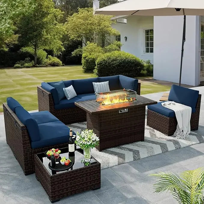 8 Pieces Outdoor Patio Furniture Set with 44" Fire Pit Table Rattan Sectional Conversation Sets w/Gas Fire Pit