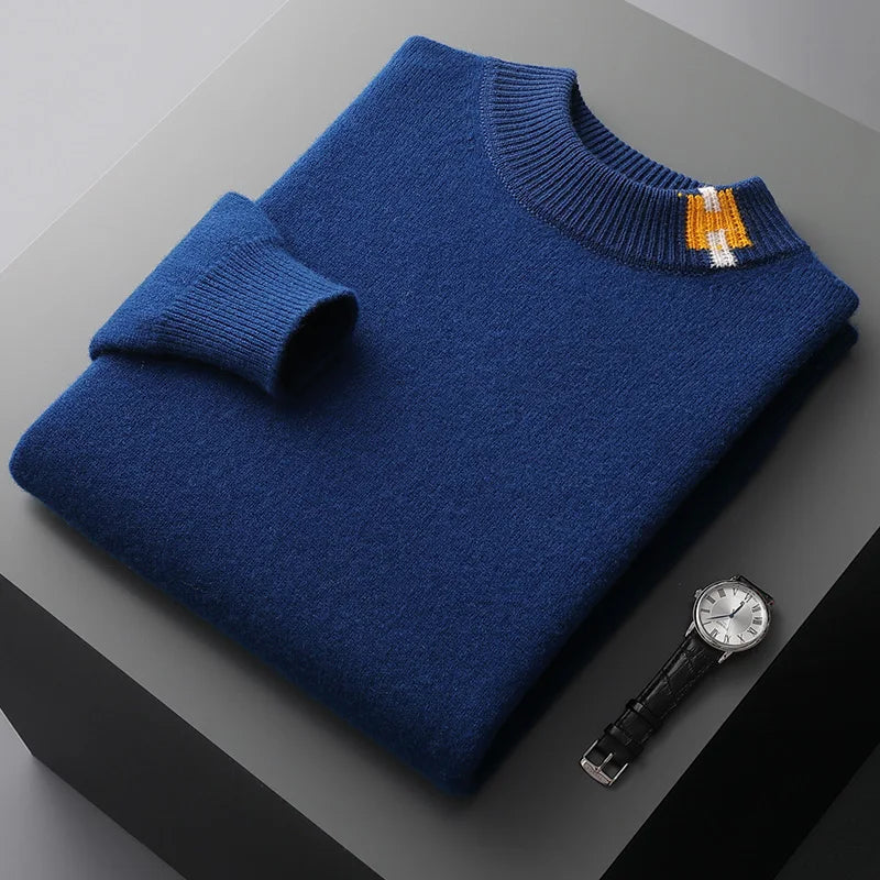 LHZSYY Men's Cashmere Sweater Autumn Winter New Semi-High Neck Pullover Warm Color Matching Knit Base Shirt Loose Thicken Jumper
