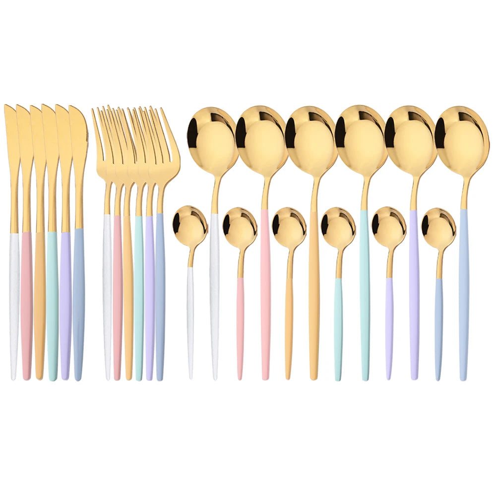 24Pcs Dinnerware Set Stainless Steel Tableware Knife Fork Tea Spoon Cutlery Set Multiple Colour Silverware Kitchen Flatware Set