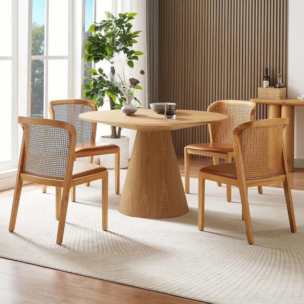 Round Dining Table for 4 to 6, 45.27" Modern Wood Kitchen Table Mid Century Circular Tabletop Conical Base Restaurant Furniture