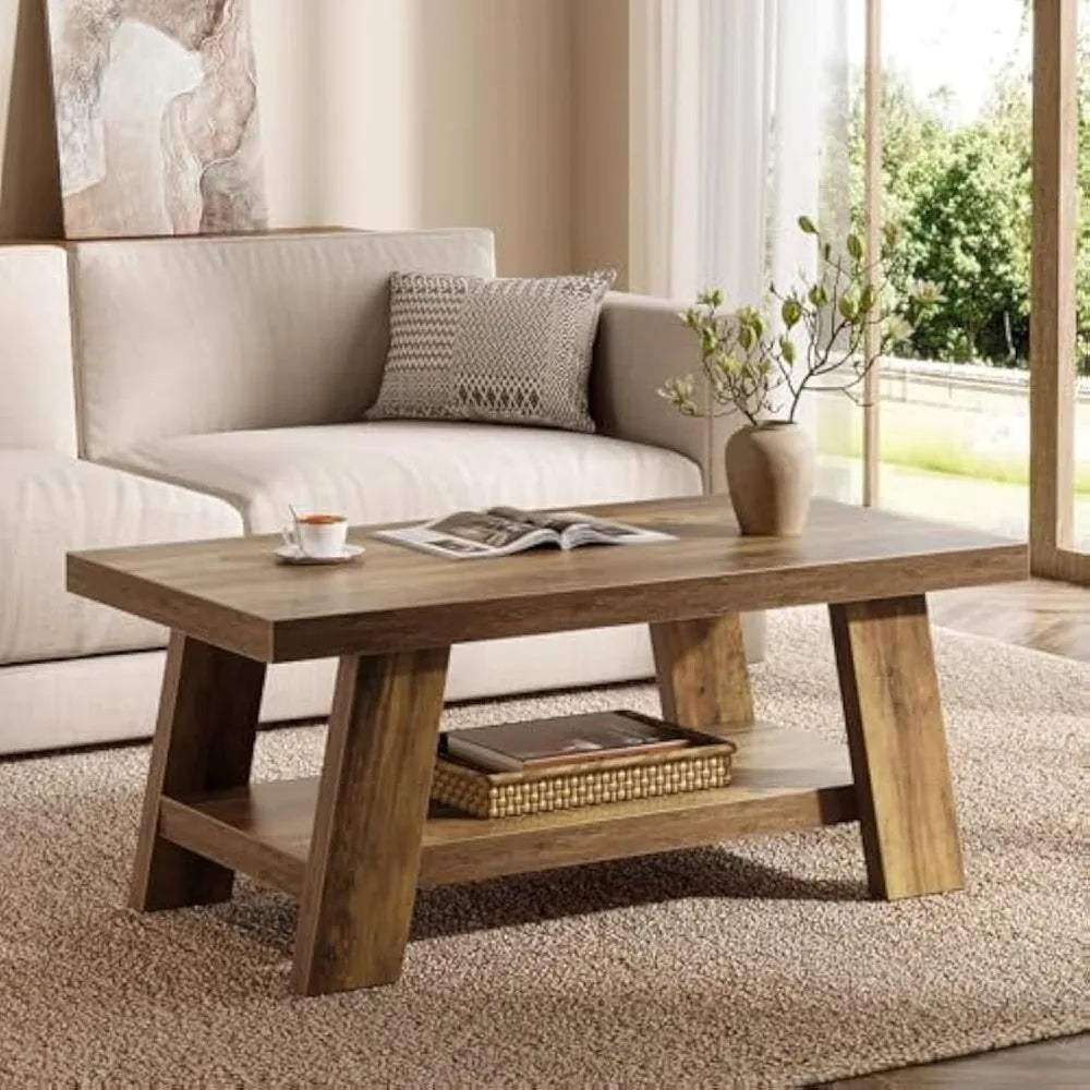 Rustic Rectangular Living Room Coffee Table, 47.24" Two-Level Wood Center Table