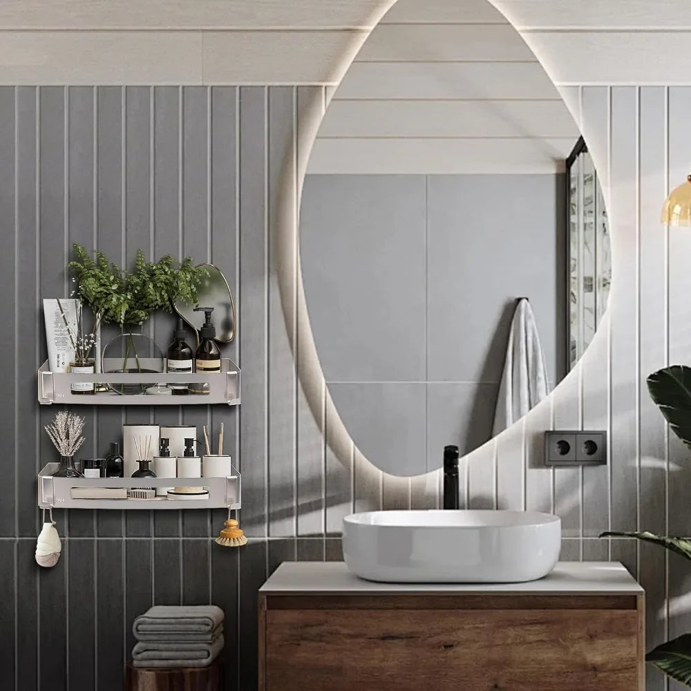 bathroom shower caddy 2 pack, no drill 304 stainless steel shower organizer with 2 hooks (shower shelf, brushed nickel)