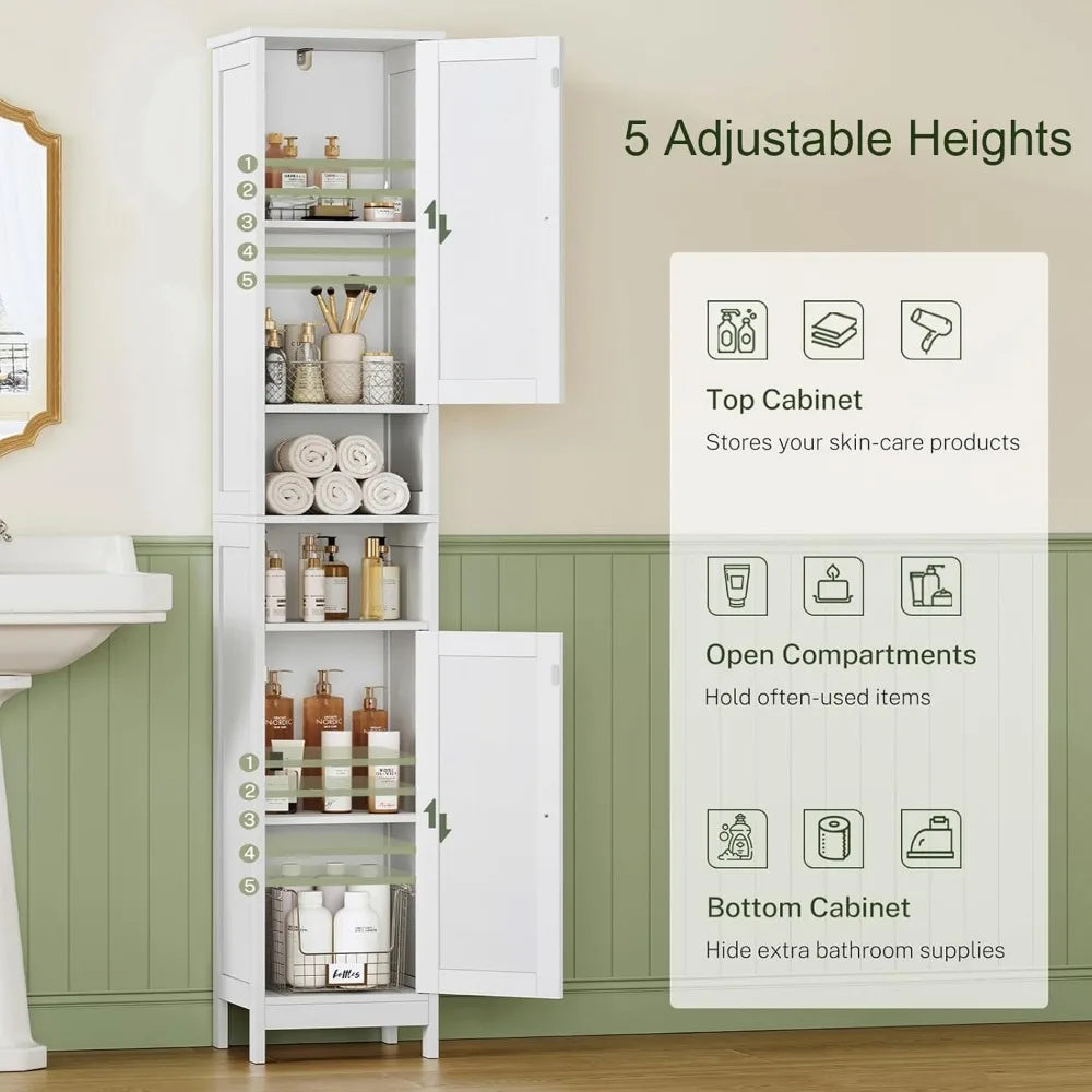 Space-Saving Tall Bathroom Cabinet with Adjustable Shelves and Doors for Small Spaces, Ideal for Living Room and Entryway Storag