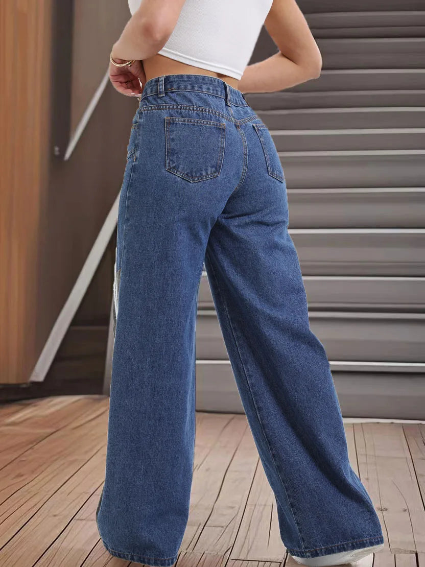 Women’s Wide Leg Denim Jeans – High Waist Crossover Button Jeans with Leopard Print Panels and Side Stripe Detail – Streetwear Y