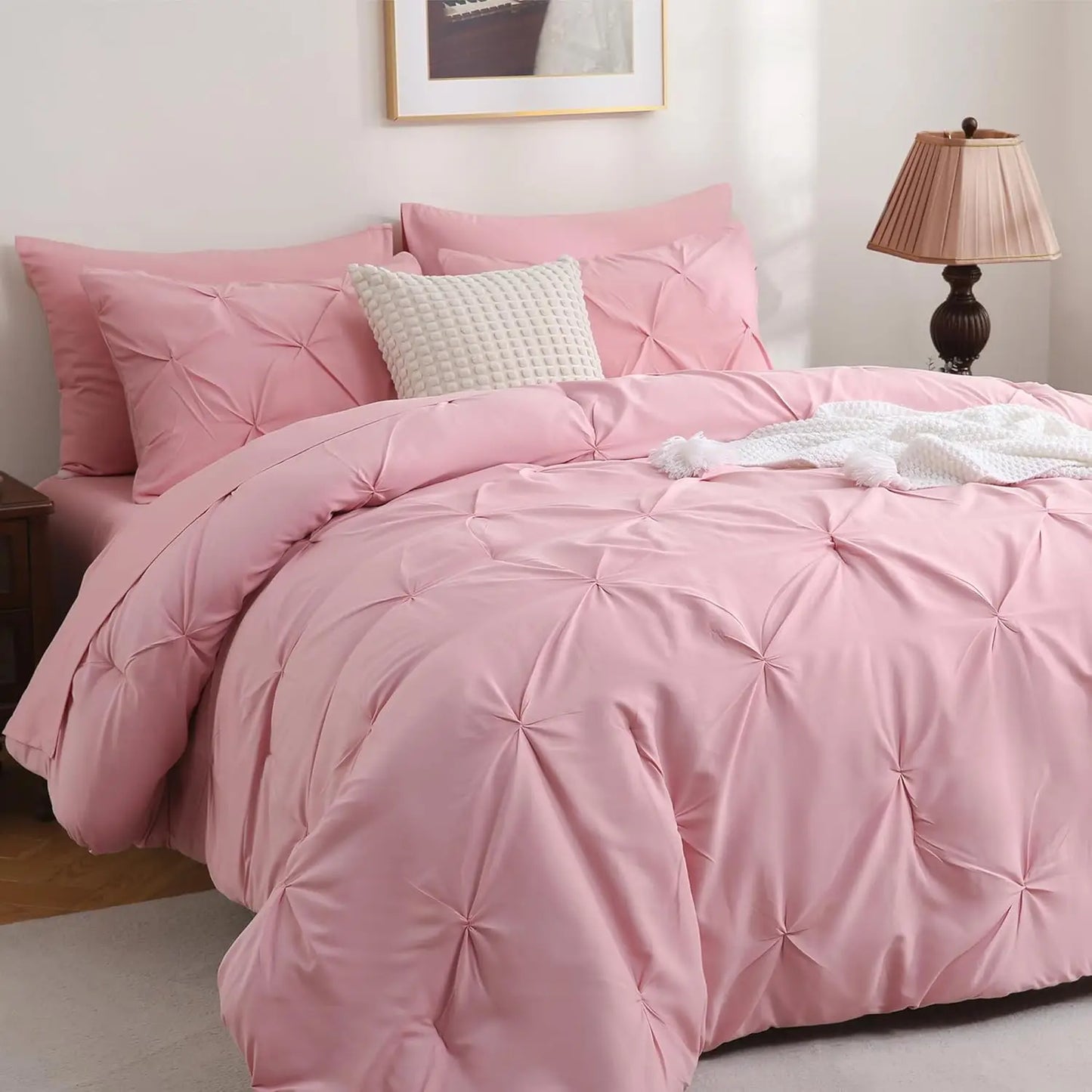 DOWNCOOL 7 Pieces King Size Comforter Set, Pink Pintuck Bed in A Bag, Pinch Pleat King Size Bed Set,All Season Bedding Sets with