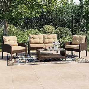 Balcony Furniture 5 Piece Patio Conversation Set, PE Wicker Rattan Outdoor Lounge Chairs with Soft Cushions 2 Ottoman&Glass Tabl