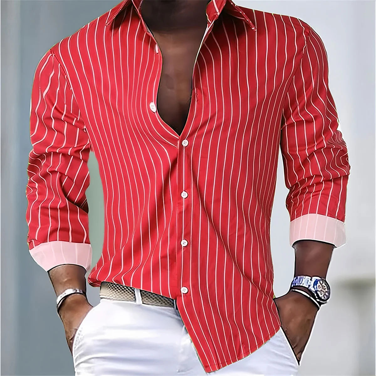 Men's Fashion Loose Striped Shirt 16 Colors Shirt Casual Breathable Lapel Button Long Sleeve Shirt Top Comfortable Soft Fabric