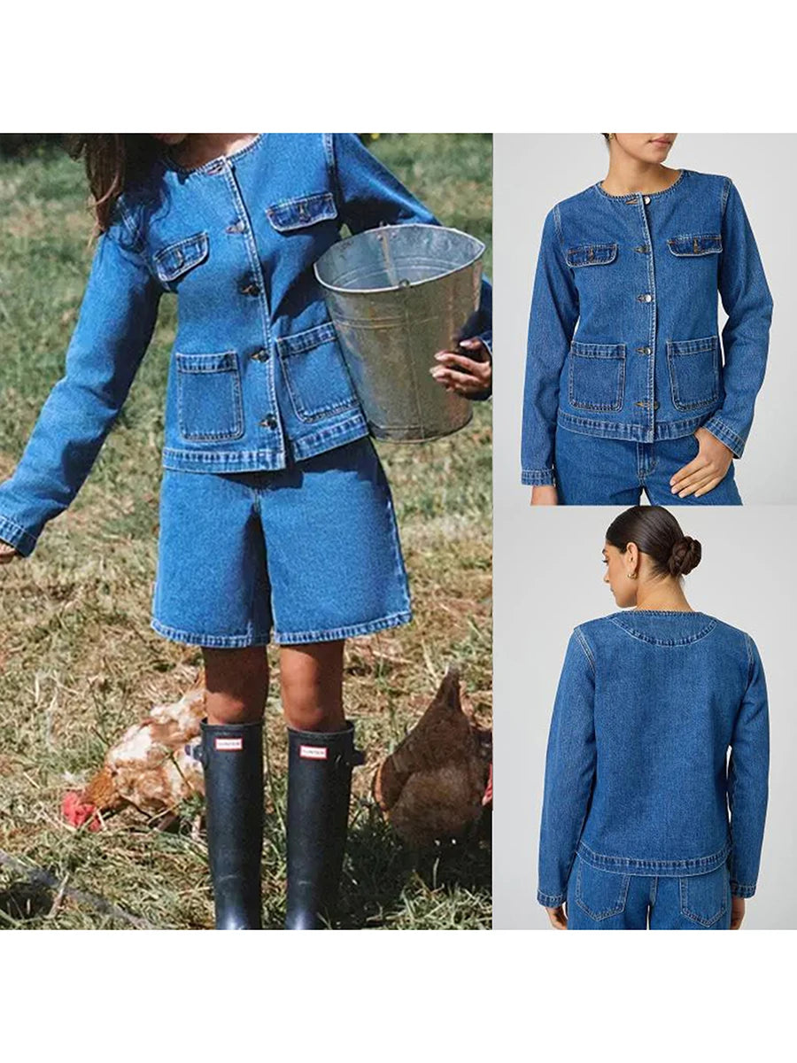 Ladies Classic Blue Denim Jacket with Round Neckline Long Sleeves and Fit Button Down Design - Stylish Jean Coat