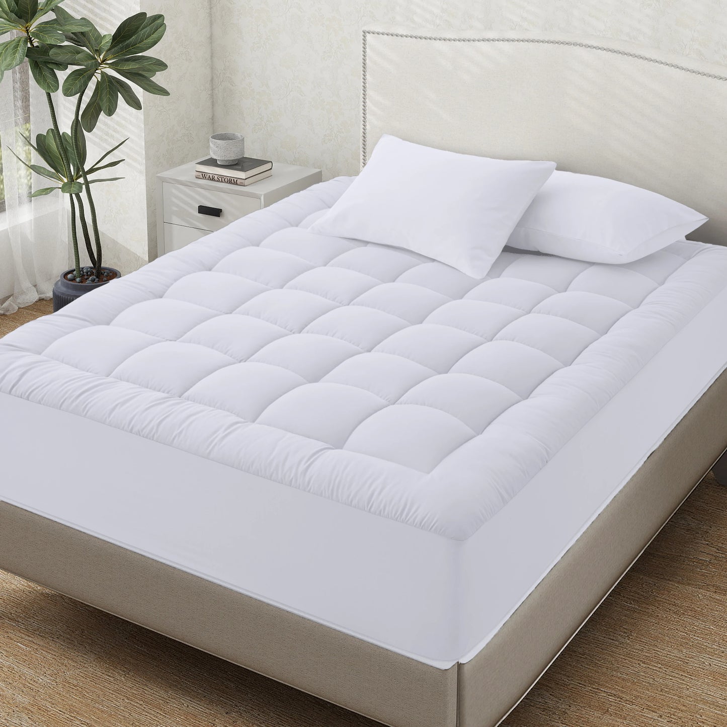 Queen Mattress Topper for Body Pain Relief, 450GSM Extra Thick Mattress Pad Cover with Elastic Pocket, fiber Bed Topper