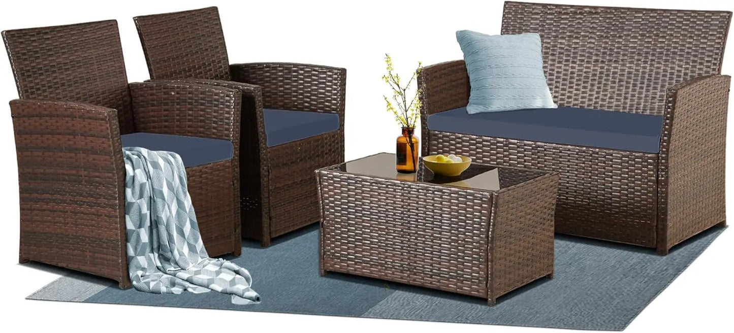 4 Piece Patio Furniture Set,Outdoor Wicker Conversation Sets,Rattan Sectional Sofa w/Coffee Table,Seat Cushions for Backyard Por