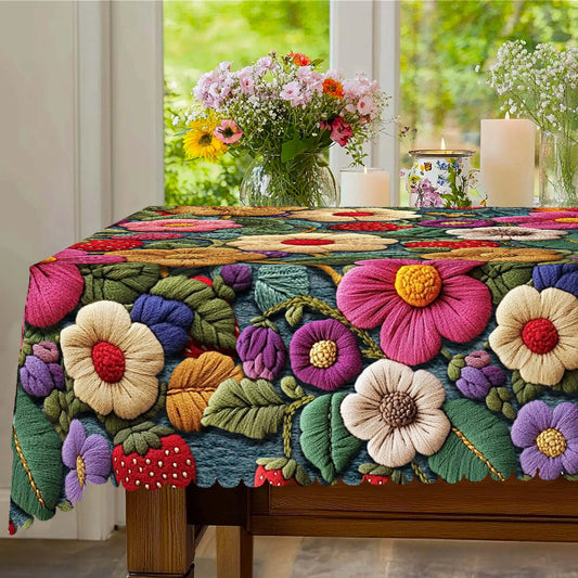 1 Piece of Spring Floral Print Tablecloth, Colorful Florals, Strawberry Pattern, Edge Embossing Process, Round and Rectangular Optional Suitable for Spring and Summer Indoor and Outdoor Table Decoration, Kitchen Decoration, P