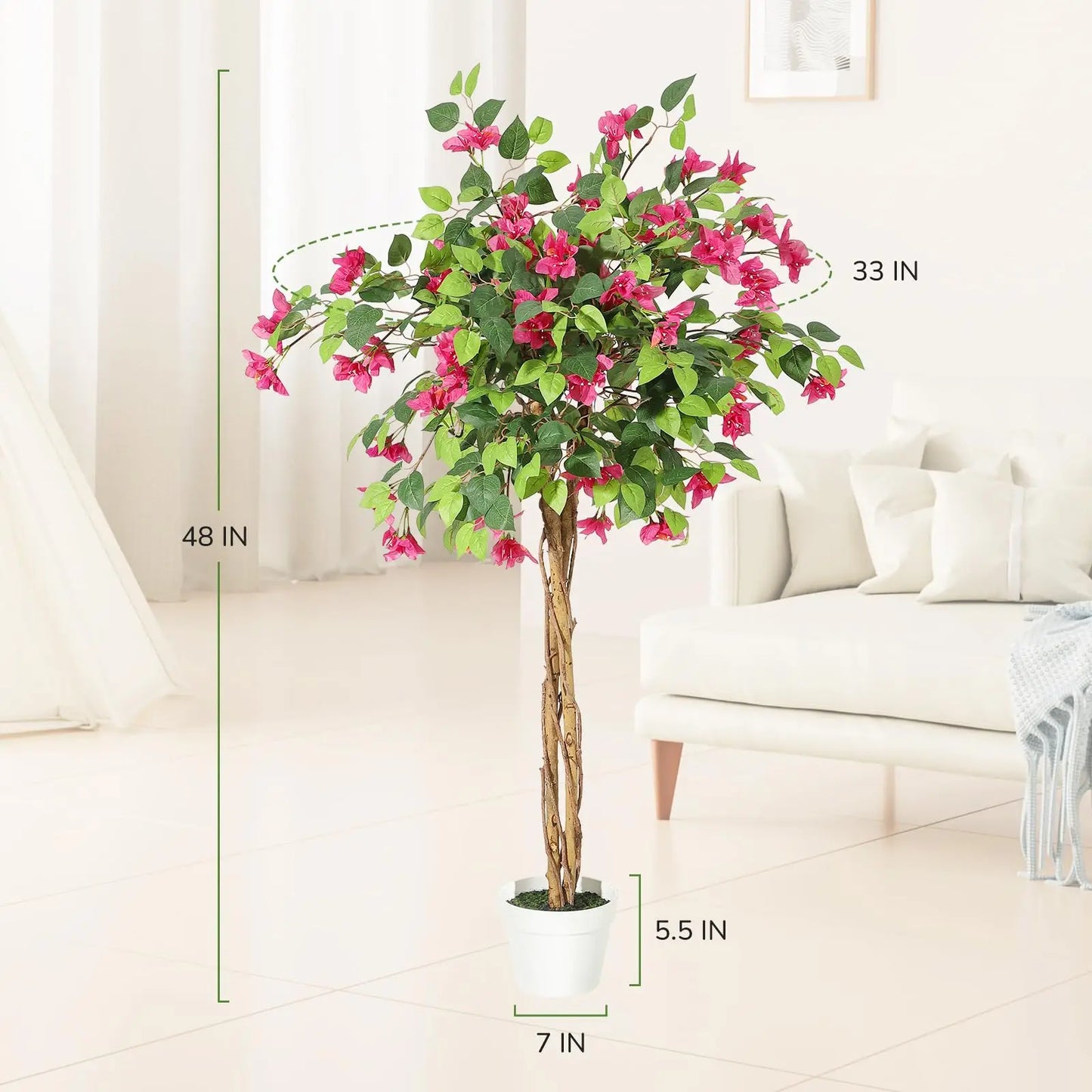 Artificial Bougainvillea Tree,Flower Trees Artificial Indoor,Fake Flower Tree with White Pot for Home Decoration, Artificial Flo