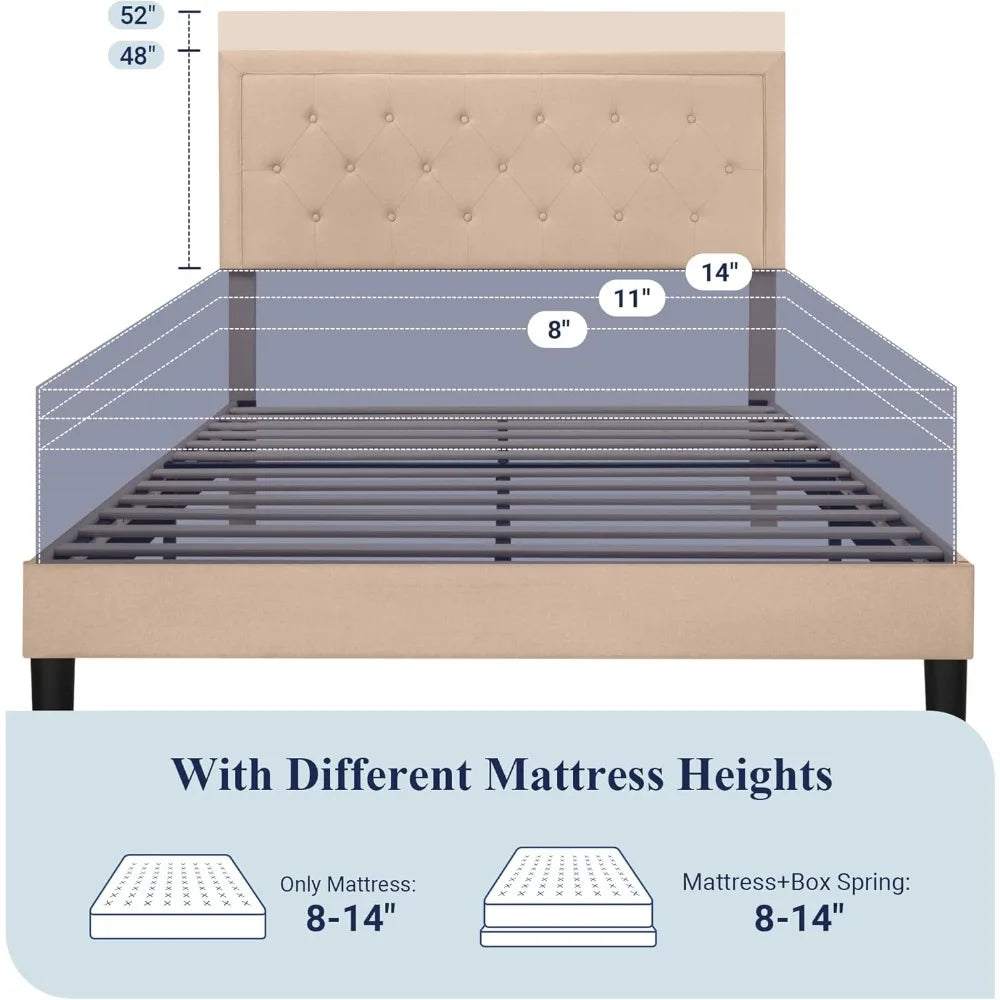 Allewie Queen Size Button Tufted/Fabric Upholstered Bed Frame with Adjustable Headboard/Wood Slat Support/Mattress Foundation/Be