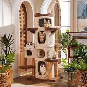 47.2'' Luxury Natural Cat Tree for Indoor Cats, Multi-Level Cat Tower with Scratching Post, Solid Wood Cat Condo for Multi-cat F