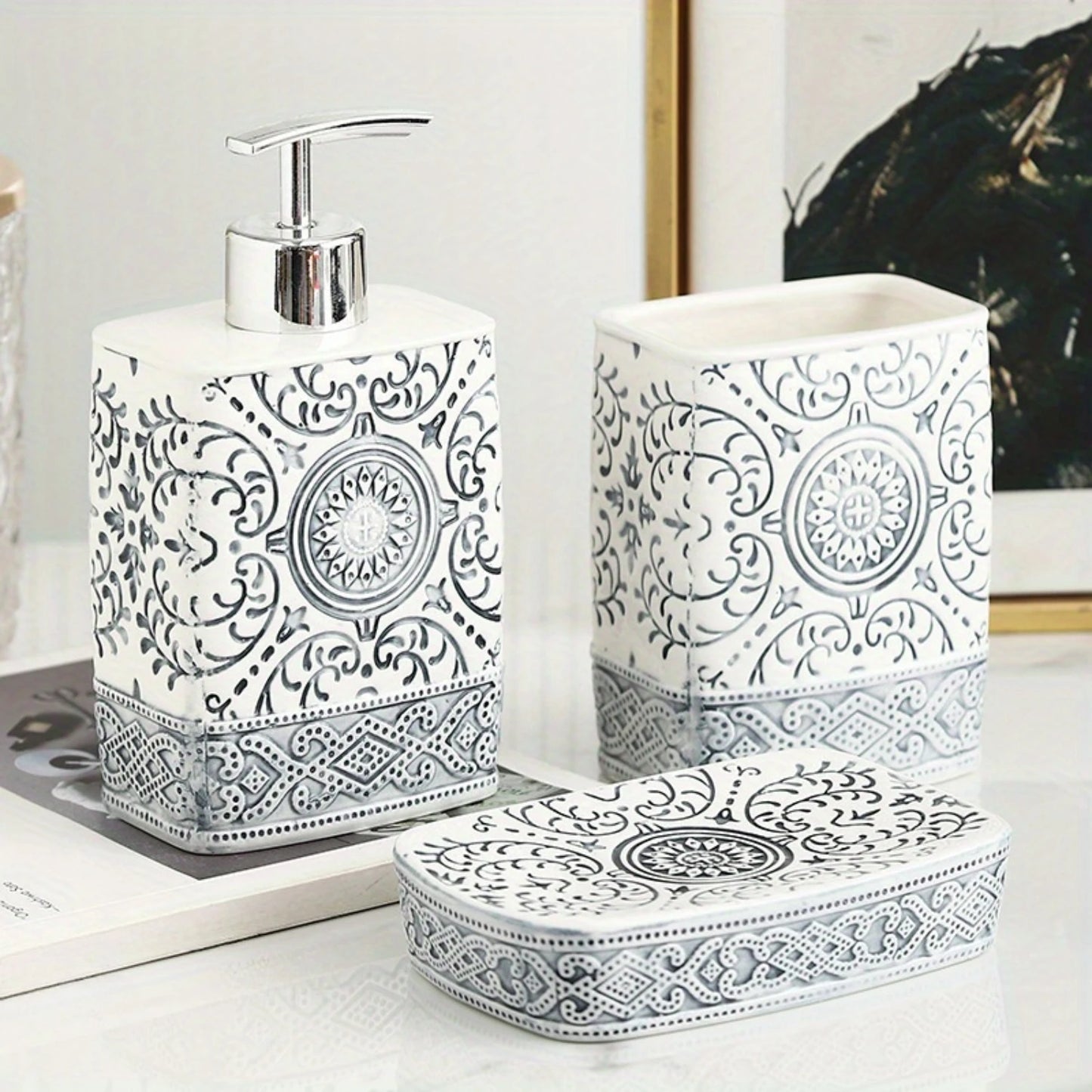 4pcs/set Bohemian Style Ceramic Bathroom Toiletry Set, Including Soap Dish, Lotion Bottle, Mouthwash Cup, And Toothbrush Holder