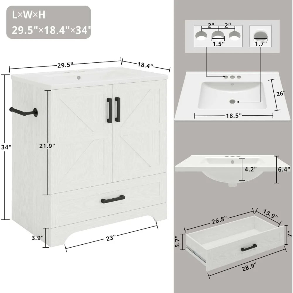 30" Bathroom cabinet with Sink, Featuring one drawer and double-hinged cabinets doors, Easy Assembly, Bathroom cabinet