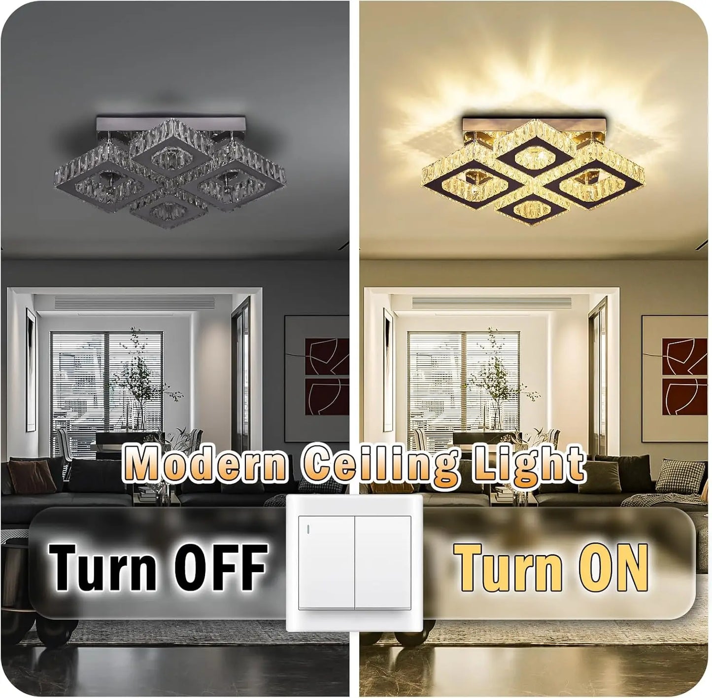 22" Crystal Chandelier Square Flush Mount Ceiling Light Modern LED 4 Lights Crystal Chandelier for Dining Room Bedroom Kitchen