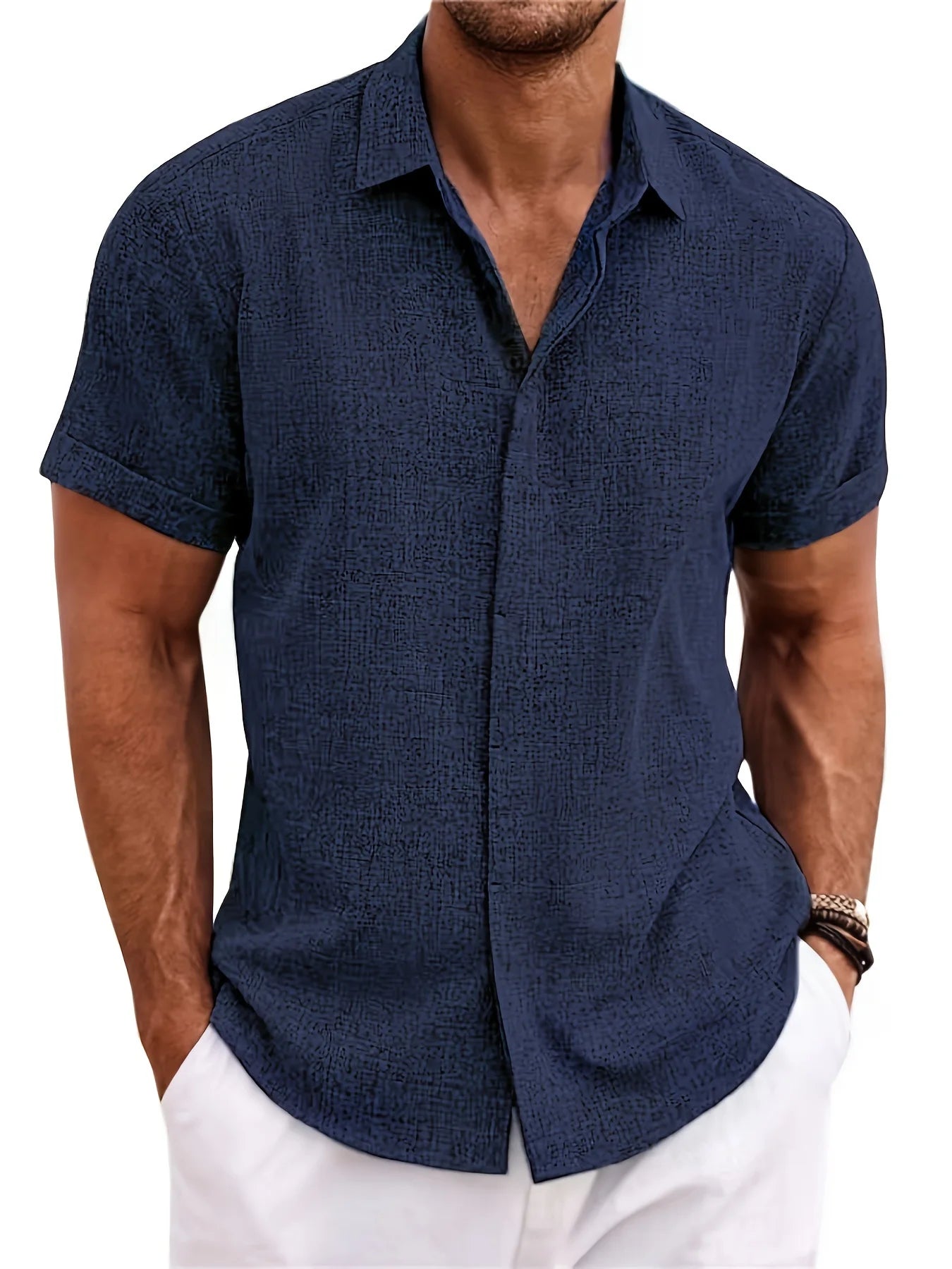 Men's Double Front Hemp Cardigan Short Sleeve High Quality Shirt Summer Home Short Sleeve Lapel Shirt