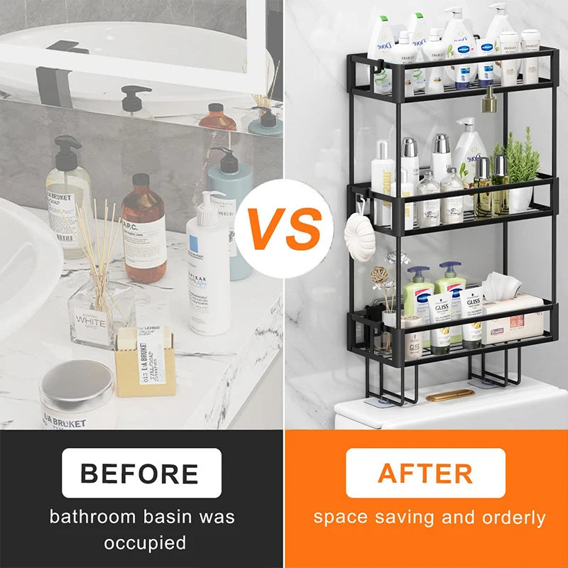 Three-tier toilet storage rack, bathroom storage rack, multi-functional toilet rack, no drilling required, space-saving (black)
