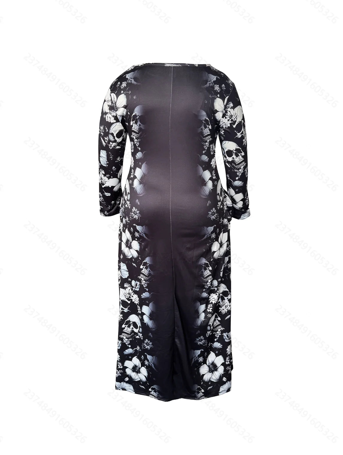 Plus size Maxi dress V neck Color block design Pocket inserted Skull print Dark style Unique pattern