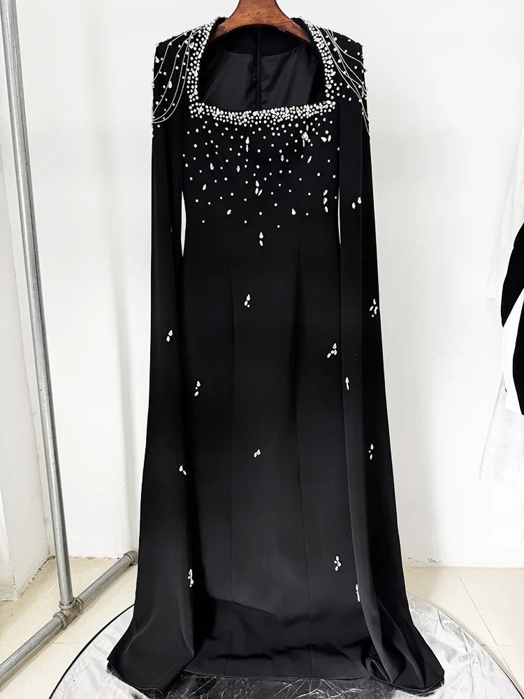 HIGH STREET Newest 2025 Designer Vestido Women's Diamonds Beaded Chains Cape Sleeve Floor Length Maxi Long Dress