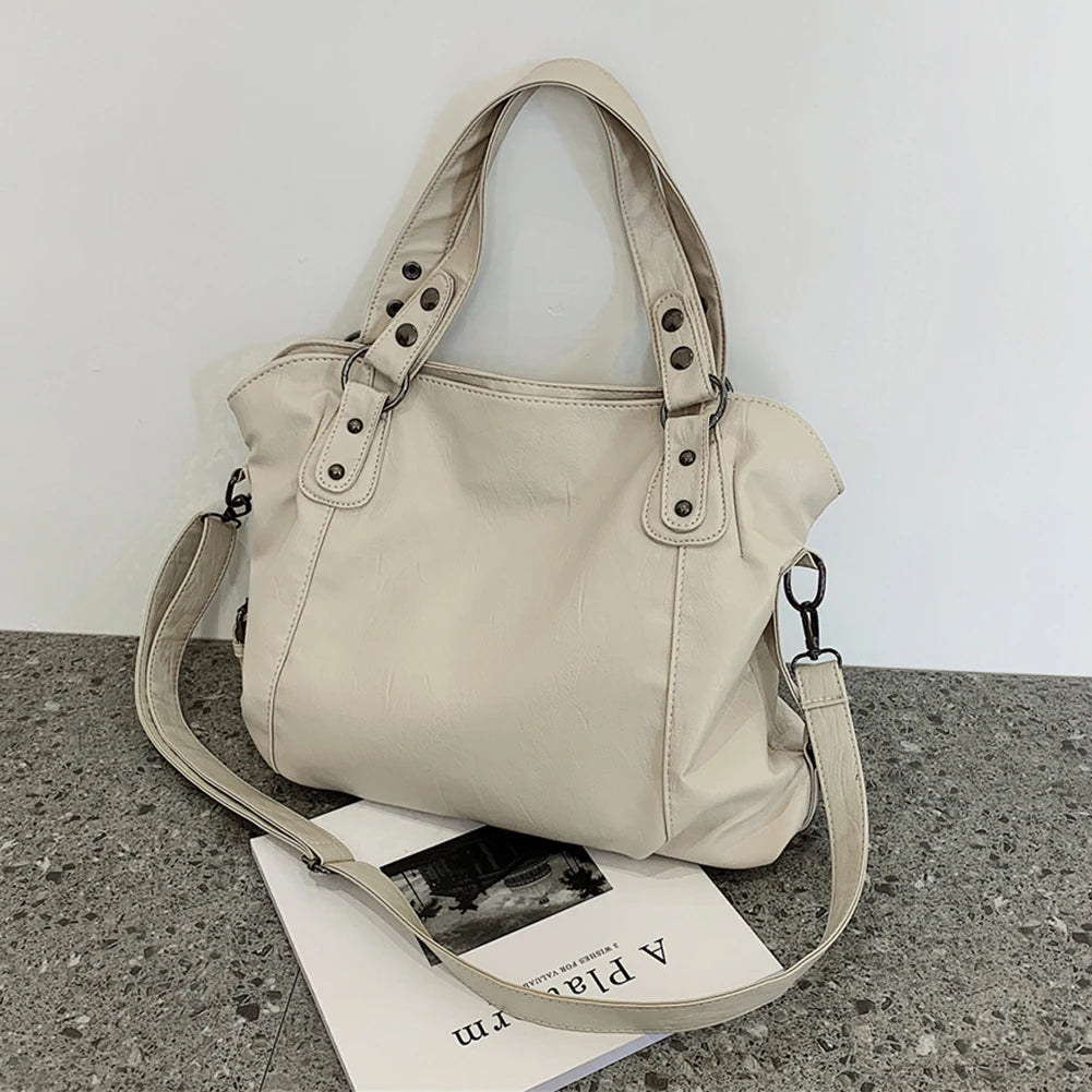 Women Shoulder Crossbody Bag Casual Retro PU Leather Hobos Crossbody Bag Solid Color Soft Female Travel Shopper Mommy Tote Bag