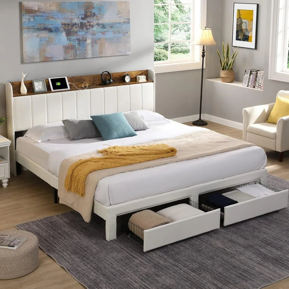 Queen Bed Frame with Headboard & Charging Station, Upholstered Platform Bed Frame with 2 Storage Drawers, Sturdy Wooden Slats Su