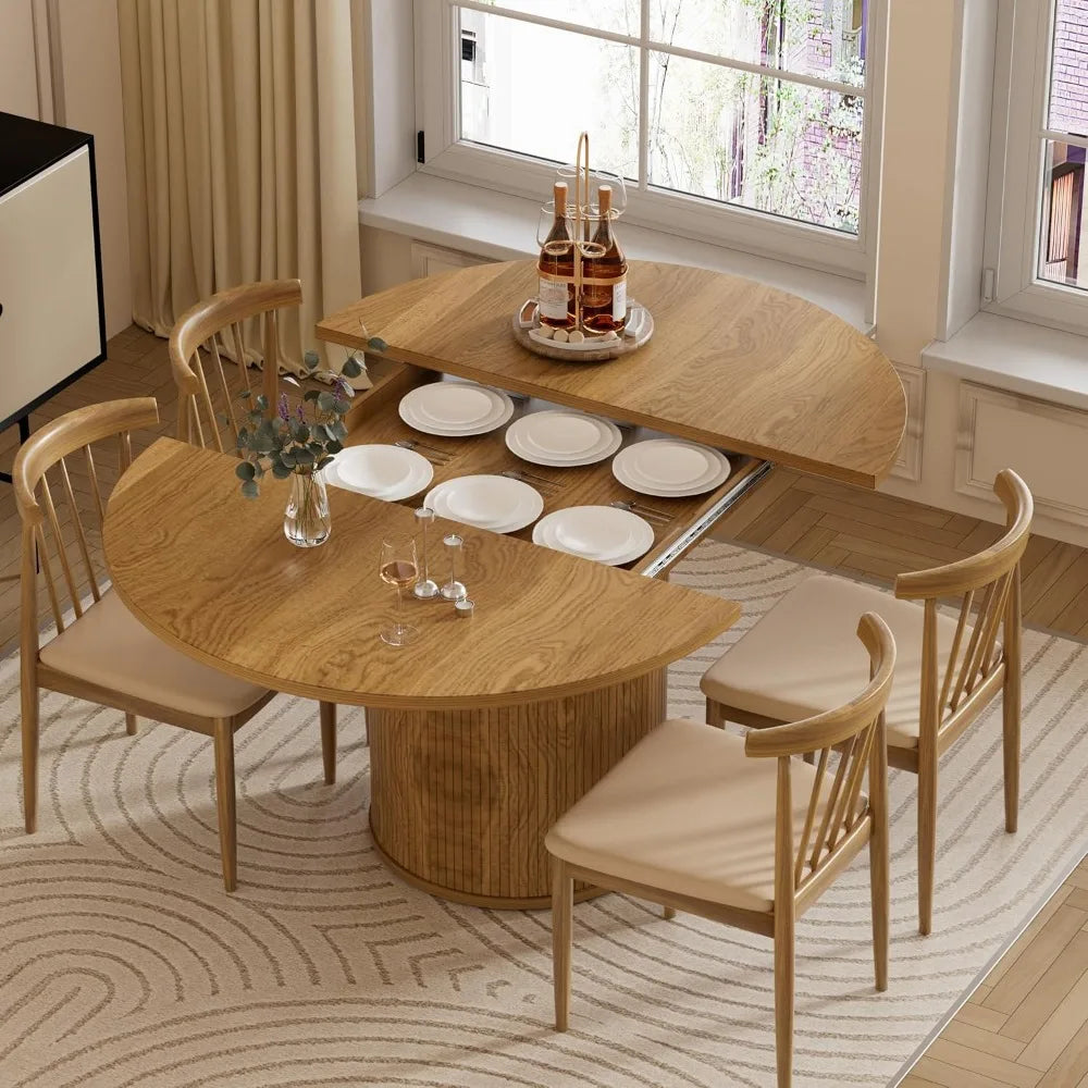 43.3''-59'' Extendable Round Dining Table for 4, Modern Farmhouse Expandable Dining Table with Wood Strip Base for Kitchen