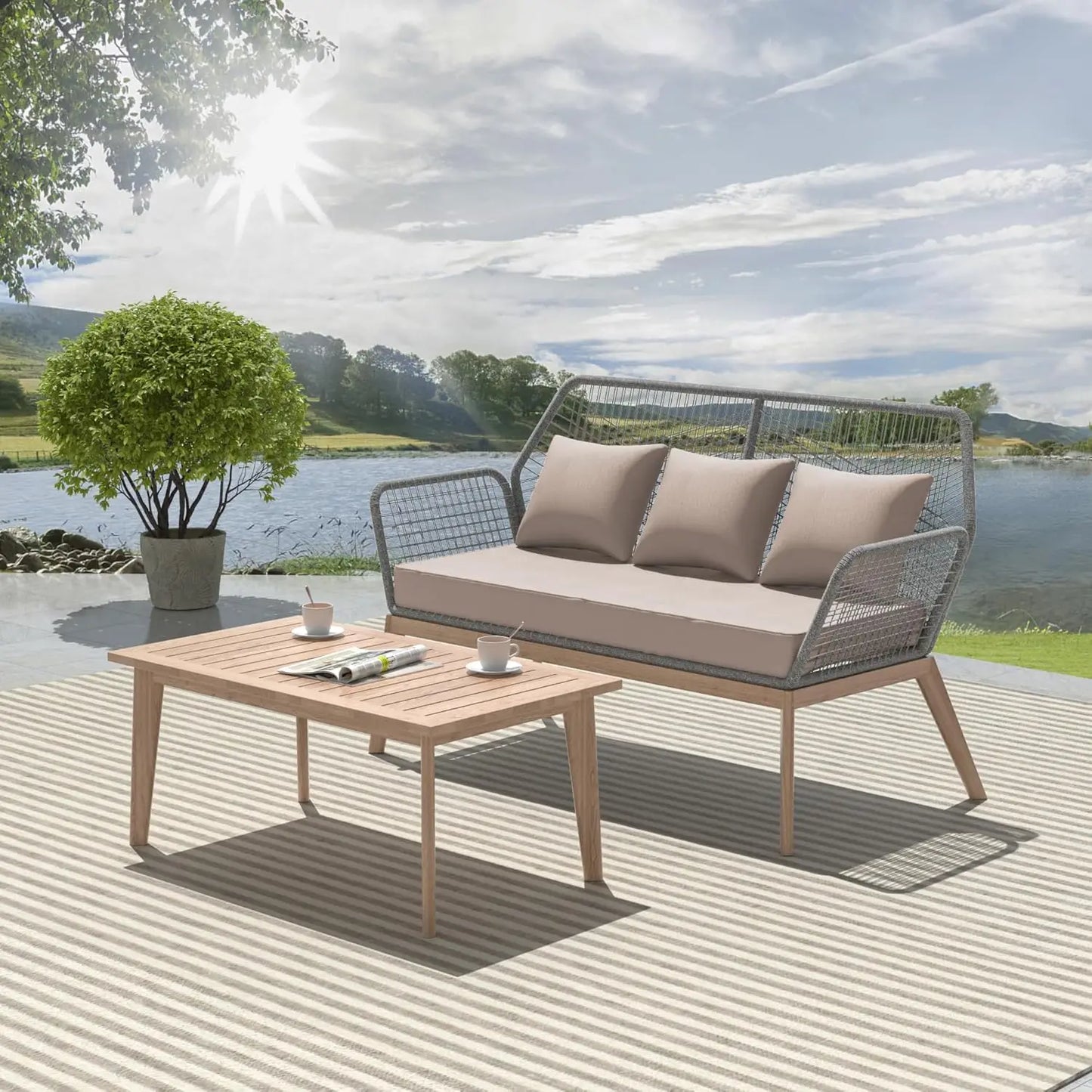 Outdoor Patio Furniture Set,2 Pieces Indoor Rope Woven Sectional Sofa Set Modern Oak Patio Conversation Sets with Wooden Table