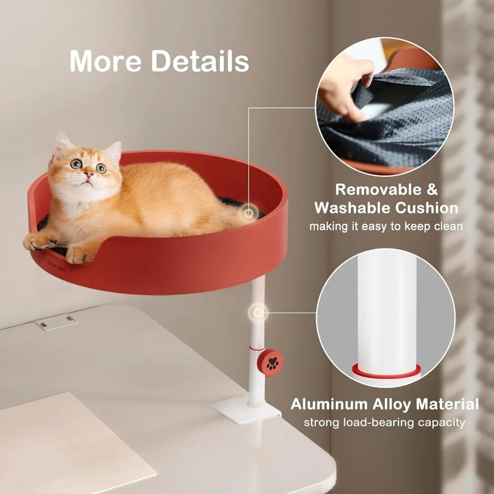 Cat Desk Bed Large Perch Nest with Teaser Easy Install,Space Saving Mount Design,Sturdy Frame,Removable Cushion,Clamp Desktop At