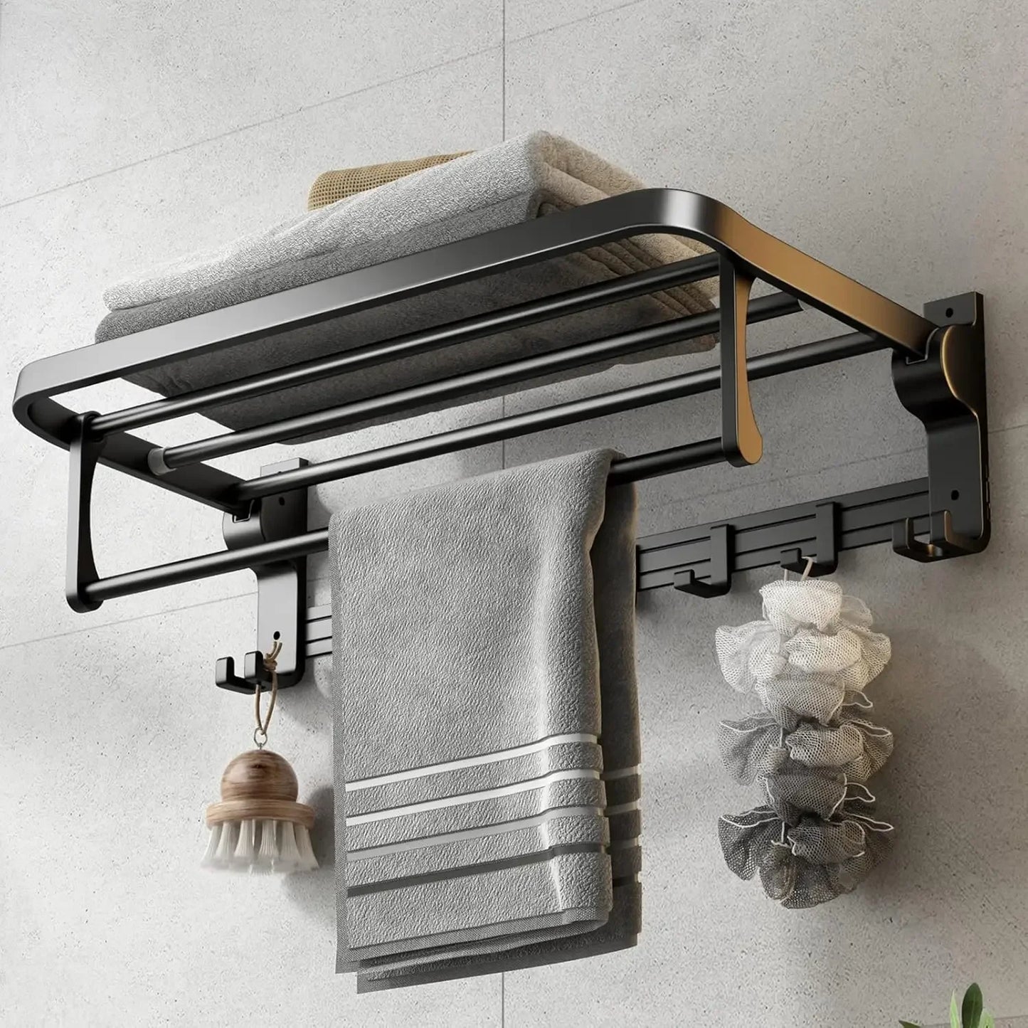 24 Inch Towel Rack with Towel Bar Holder Foldable Towel Shelf with Movable Hooks Rustproof Storage Wall Mount