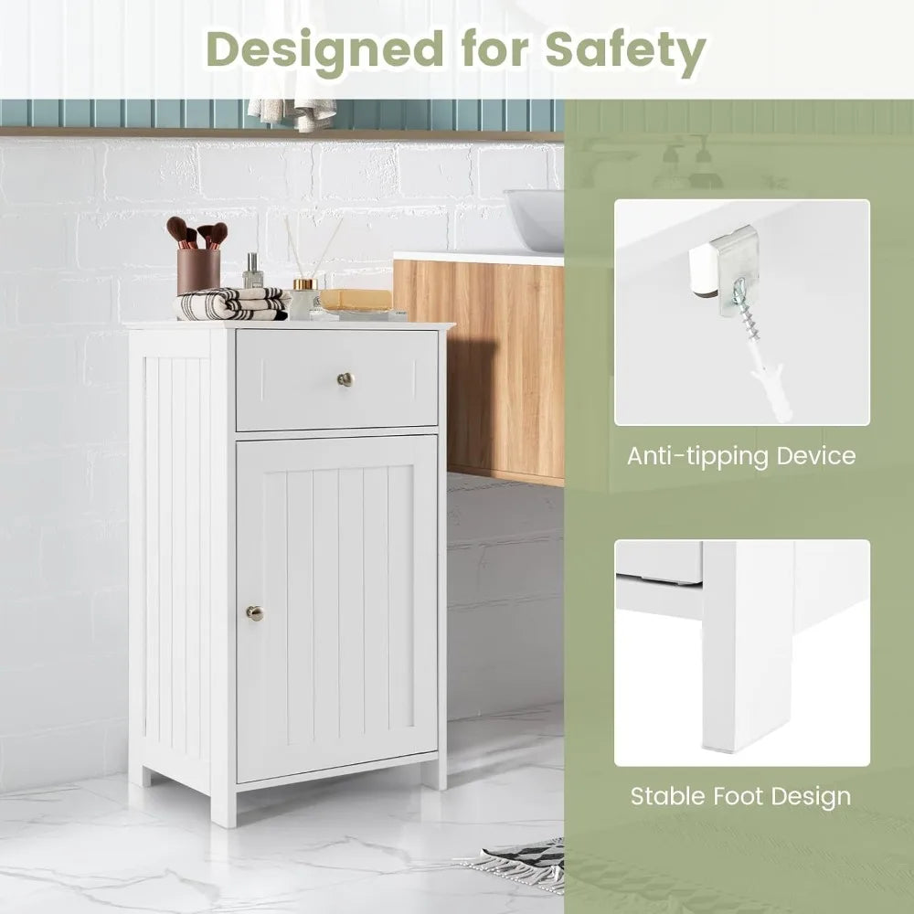 small bathroom cabinet for small spaces, freestanding single door bathroom storage with adjustable shelf, anti-tipping device,