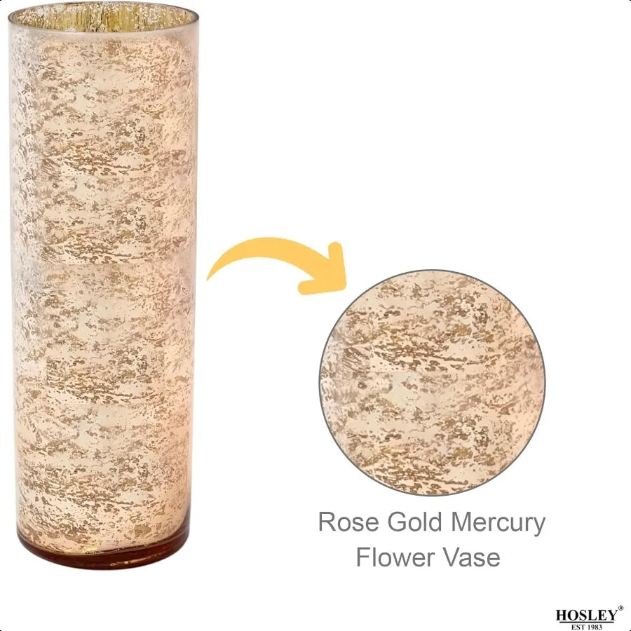 Mercury Rose Gold Glass Vase Decorative Glass Hurricane Vase 4" Dia X 12" H. Ideal for Floral Arrangements Cut Flowers Weddings