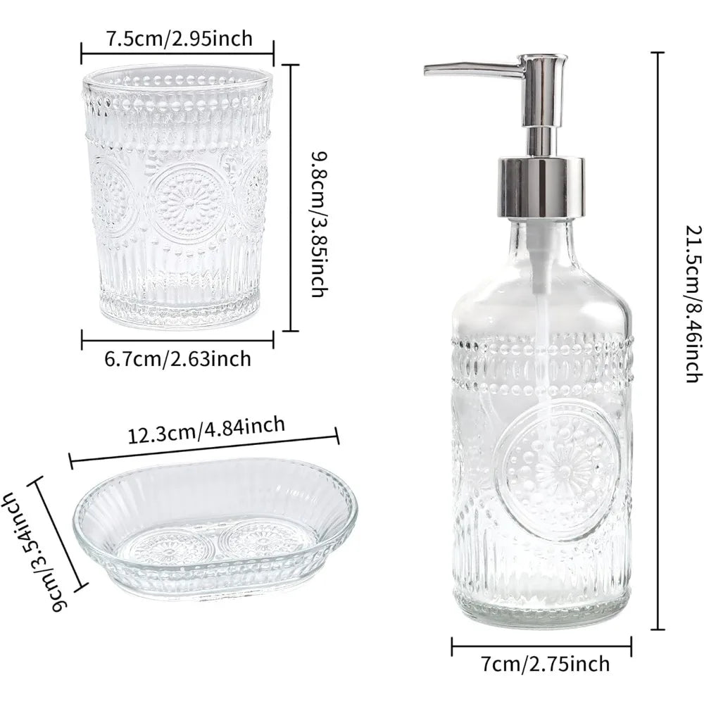 3pcs glass bathroom accessories set, lotion & soap dispenser, toothbrush holder, soap dish, modern bathroom countertop decor fo