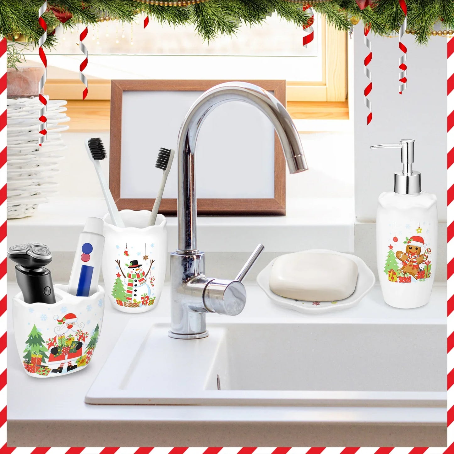 4-Piece Ceramic Christmas Bathroom Accessory W/ Tumbler/Toothbrush Holder/Soap Dish/Dispenser Christmas Toothbrush Holder Set