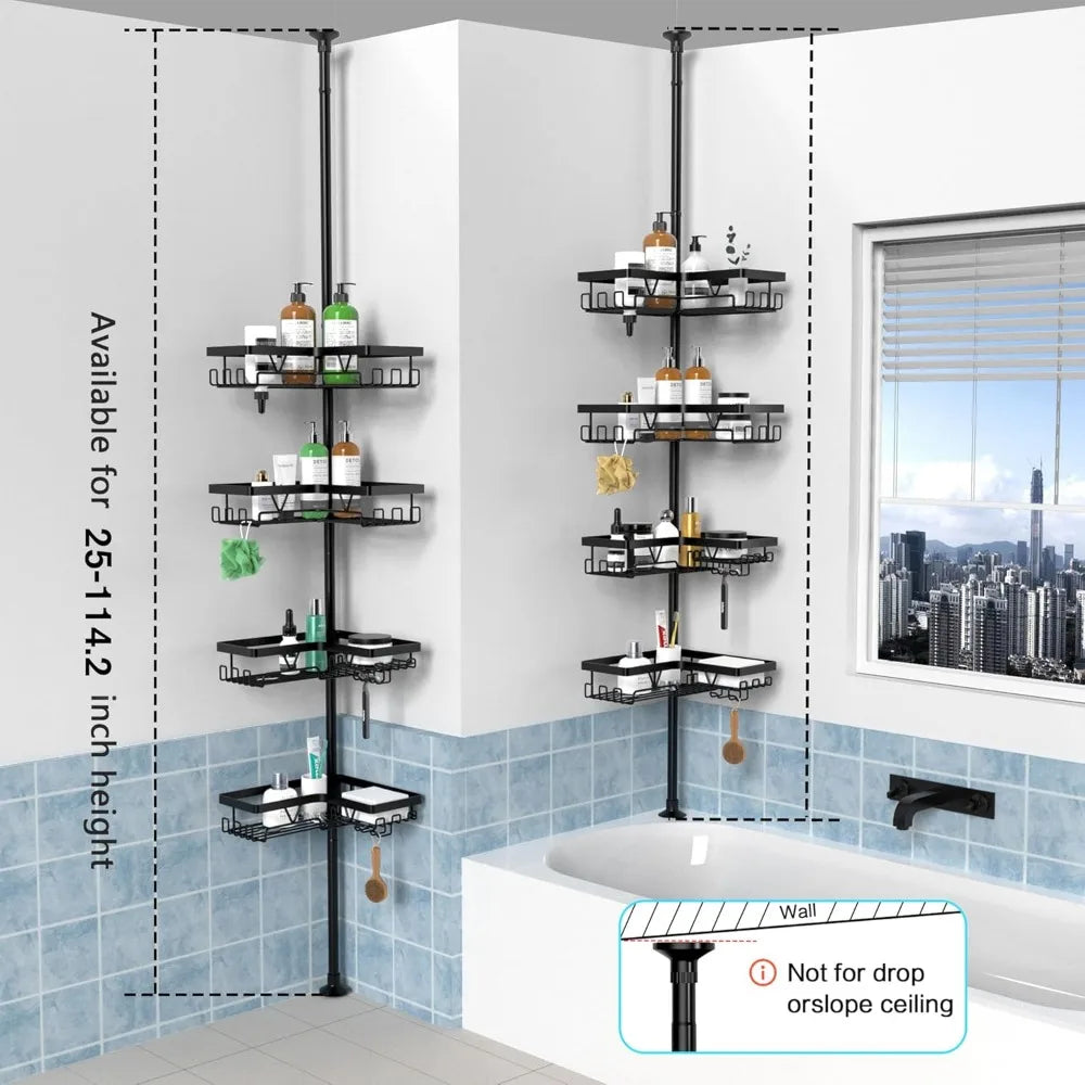 Corner Shower Caddy Tension Pole - Shower Tension Rod Organizer, Floor to Ceiling Shower Caddy 25-114.2 inch, Towel Rack Corner