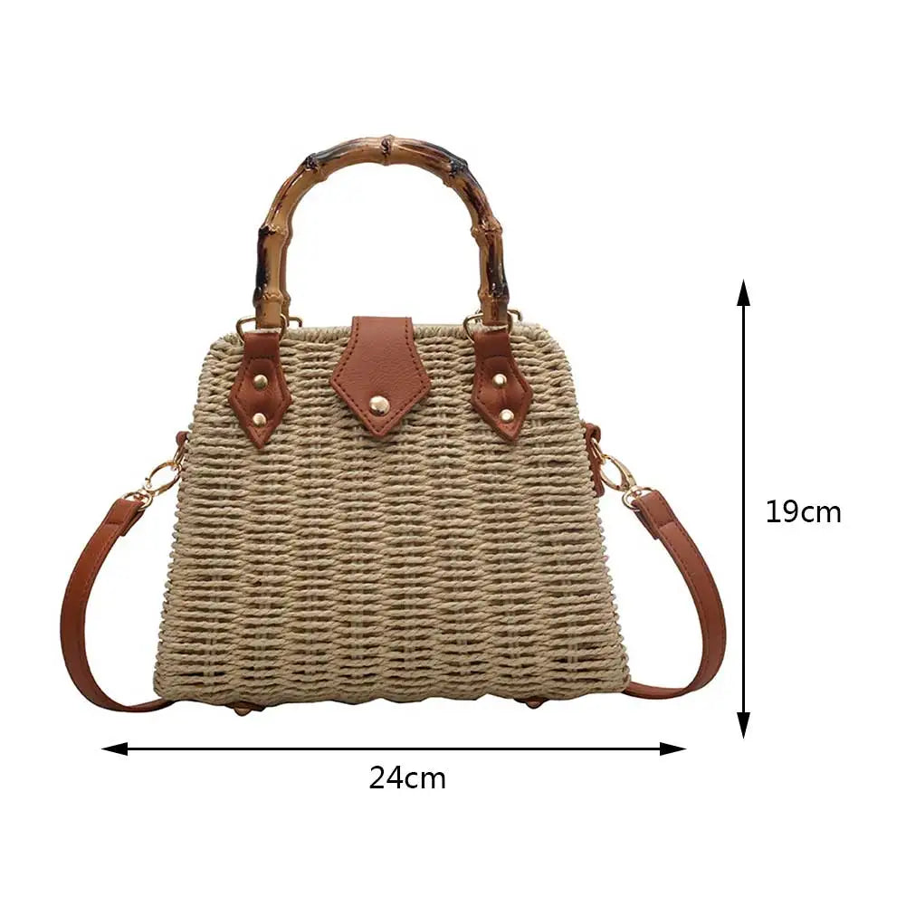 Summer Hand-Woven Handbags Bamboo Handle Woven Beach Crossbody Bag Handmade Simple Portable Adjustable Strap for Seaside Holiday