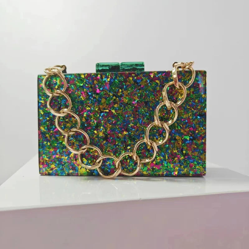 Shoulder New Wedding Sequins Chain Bag Acrylic Banquet Crossbody Clutch Evening Pink Handbag Purses Square Luxury Designer Bags