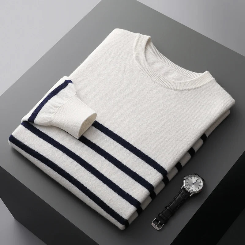 Men's New 100% Pure Wool Sweater O-neck Navy Style Striped Top Spring and Autumn Loose Youth Business Casual Cashmere Sweater