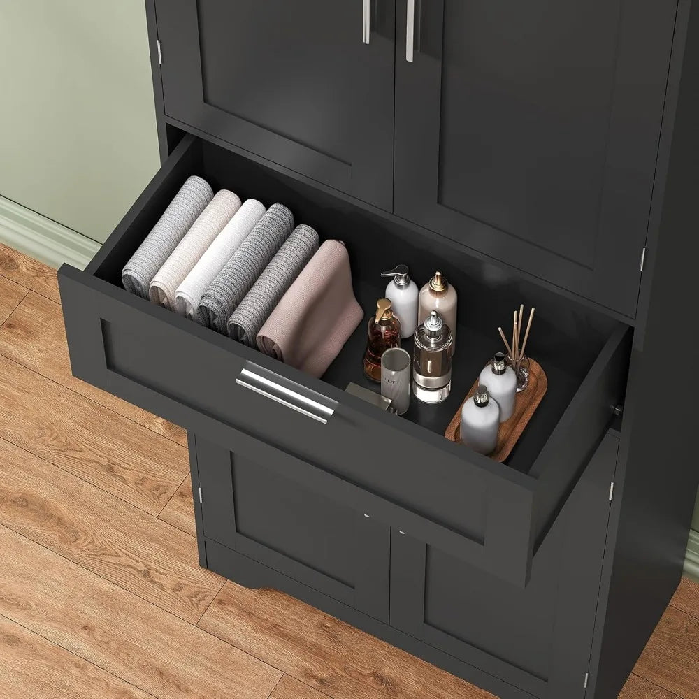 Adjustable Shelf Tall Storage Cabinet, Black Drawer Cabinet, Dining Room Bathroom Storage Solutions
