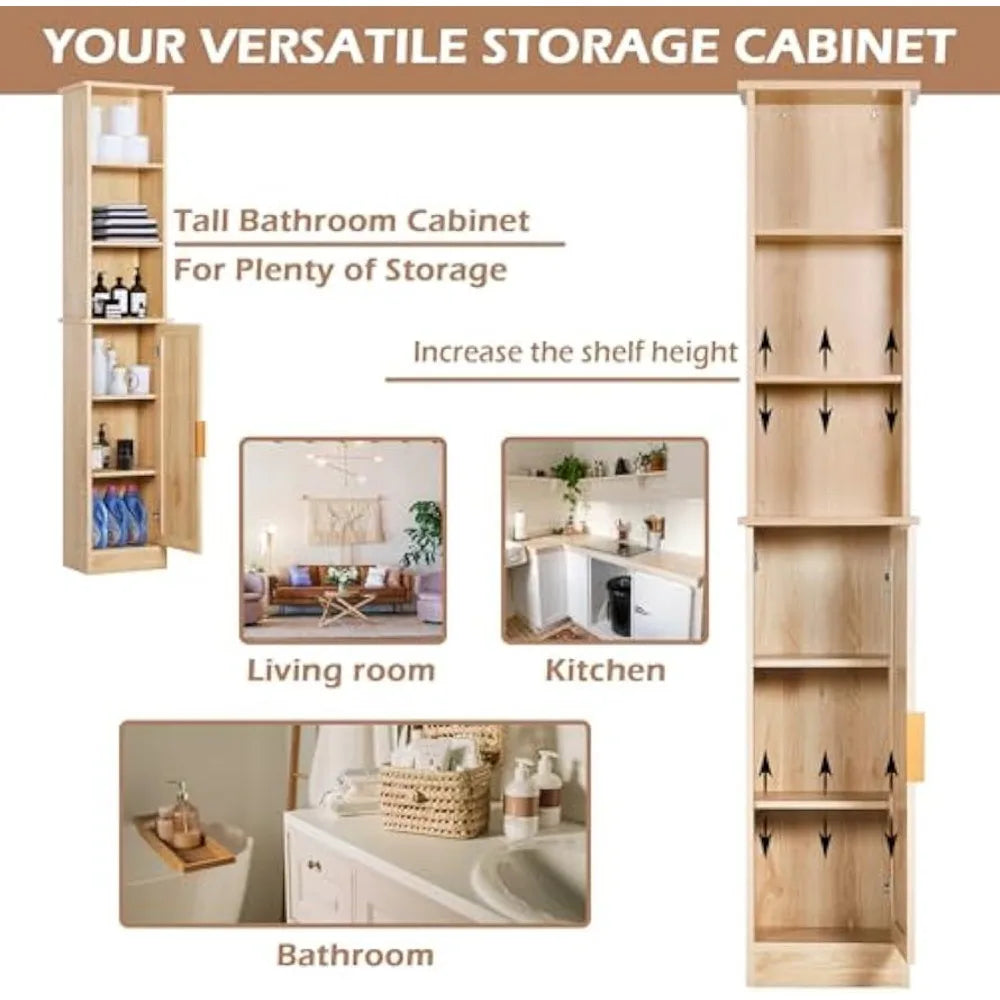 Freestanding Wooden Bathroom Storage Cabinet with Door and 6 Adjustable Shelves, Slim Design for Linen Organization