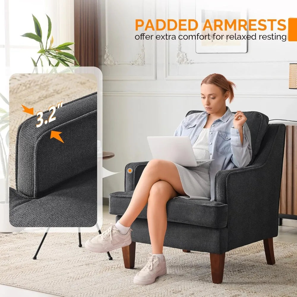 Mid-Century Modern Black Upholstered Accent Chairs Set of 2, Comfortable High-Back Sofa Chairs for Living Room Reading