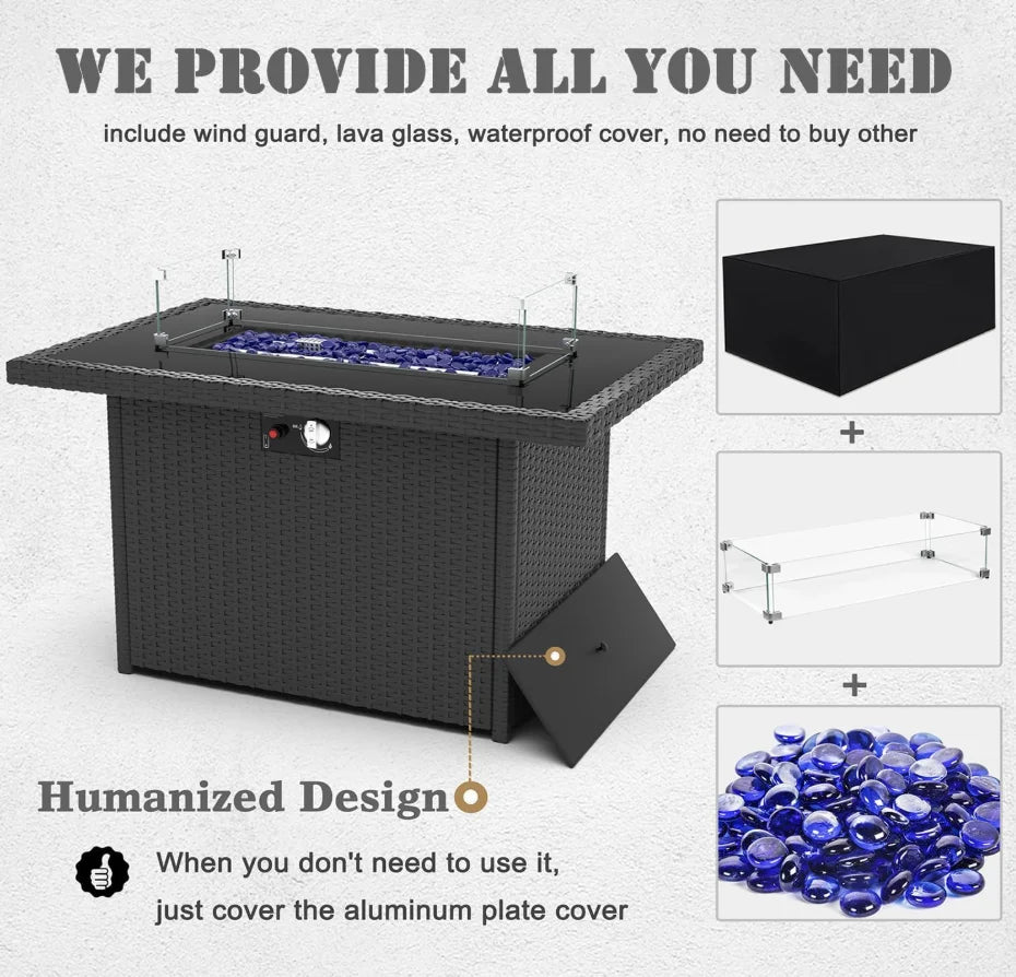 8 Pieces Patio Furniture Set with 44" Propane Gas Fire Pit Table, Outdoor Sectional Wicker Conversation Sofa Sets with Coffee Ta