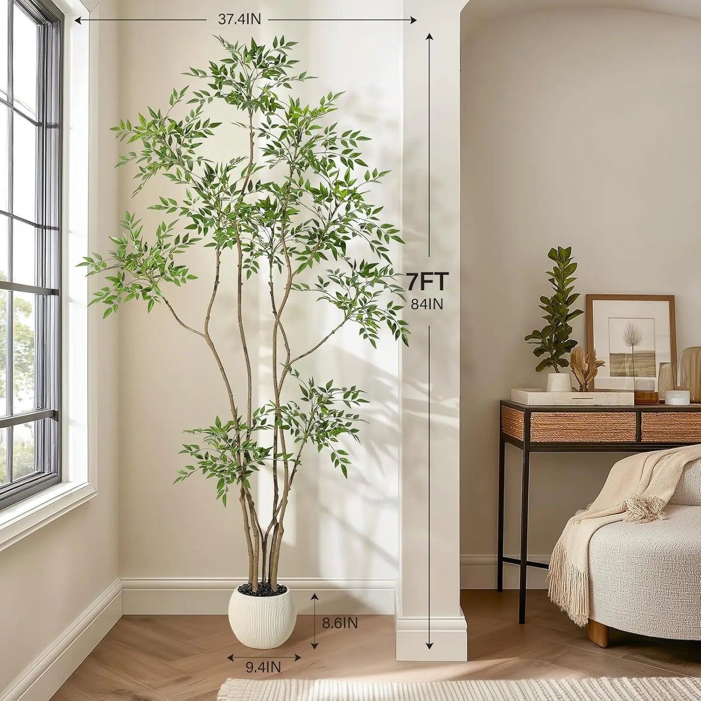 Artificial Trees Faux Plant In Pots with Lifelike Leaves, Large Fake Nandina Tree for Home Office Indoor Outdoor Balcony Decor