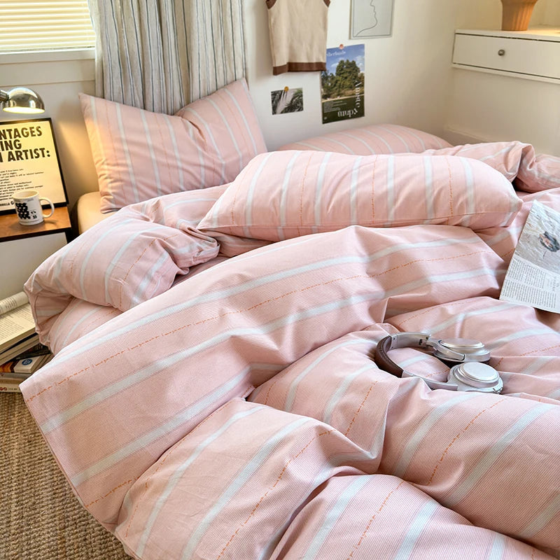 100% Cotton Stripe Style Duvet Cover Set 3-Piece (1 Duvet Cover + 2 Pillowcases),Minimalist Bedding Set for All Seasons