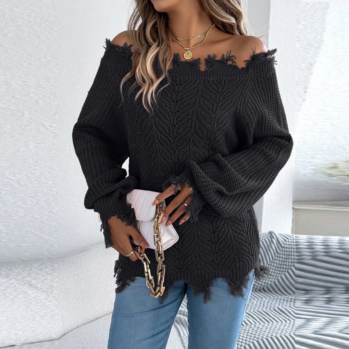 2025 New Women'S Fashion Solid Color Hollow Long Sleeve Cut Off Shoulder Pullover Sweater Ropa De Mujer Winter Clothes Woman