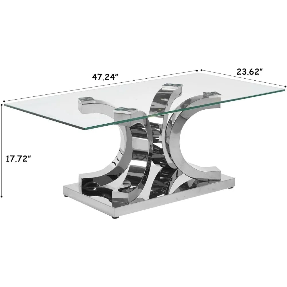 Glass Coffee Table with Gold 4C Stainless Steel Metal Leg, 47" Rectangular Clear Tempered Glass Center Stainless Steel Tea Table